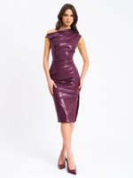 Sabina Purple Leather Slash Neck Midi Dress Miss Circle