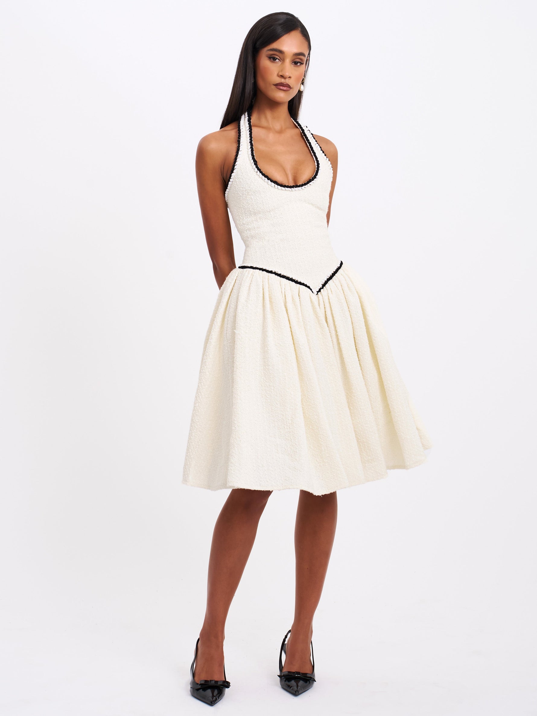 Natalie U Neck Halter Drop Waist Tweed Midi Dress Miss Circle