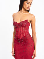 Fatima Burgundy Crystal Sleeveless Corset Mermaid Maxi Dress Miss Circle