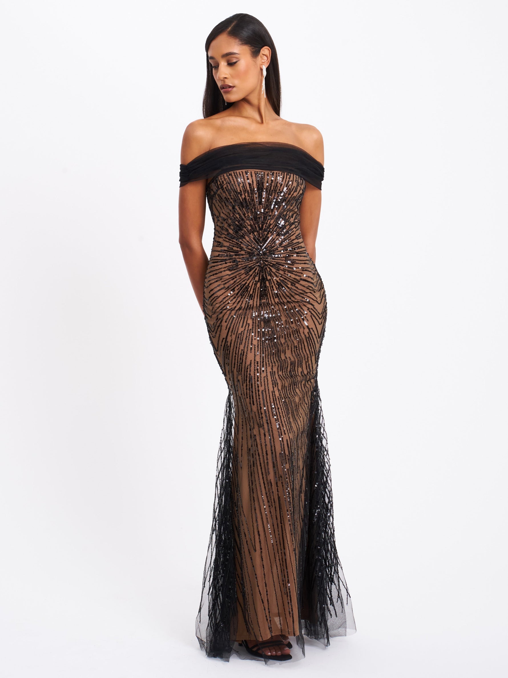 Qeturah Embroidered Sequin Off Shoulder Mesh Gown Miss Circle