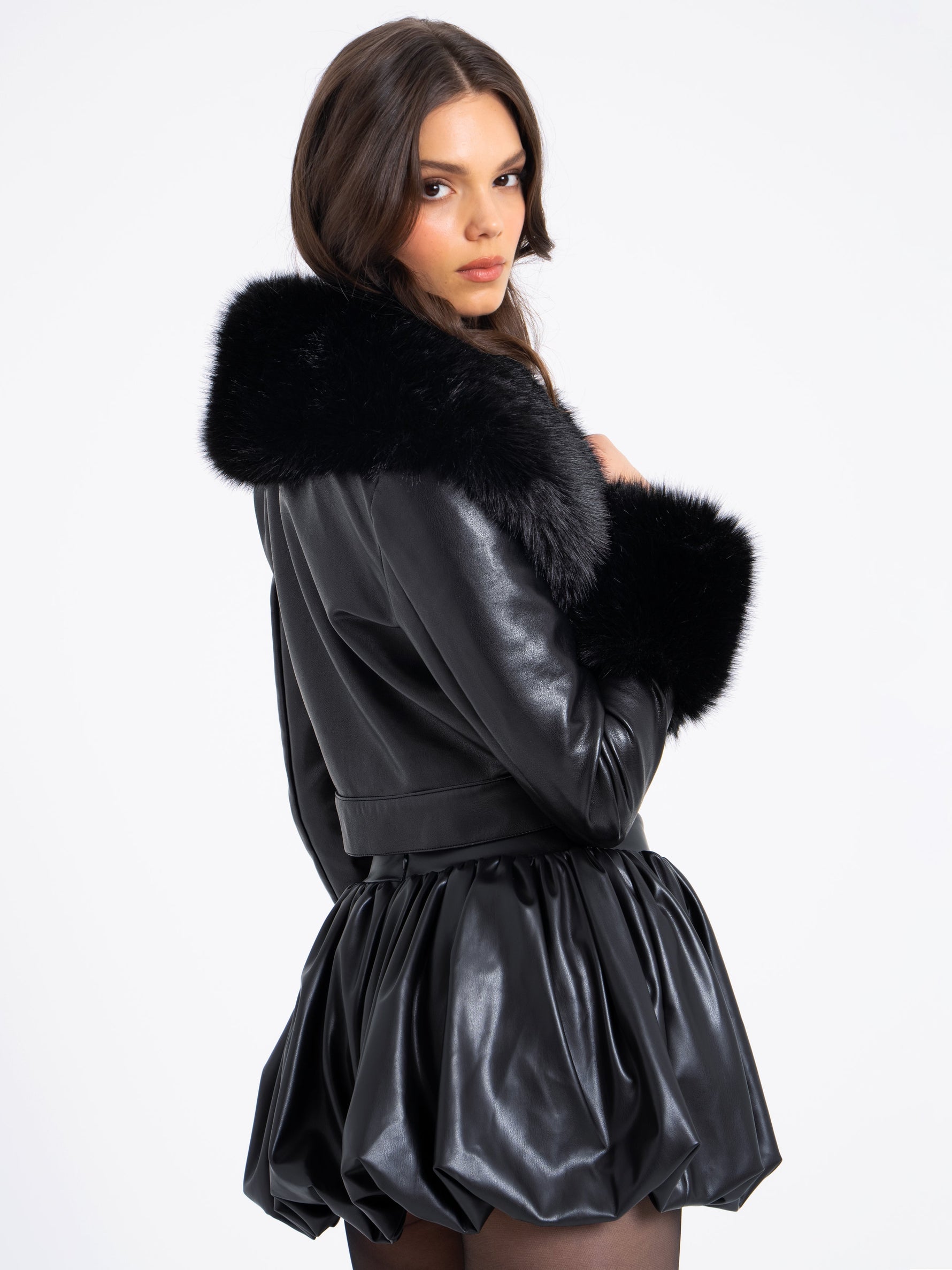 Ziah Cropped Leather Jacket with Fur Collar Miss Circle