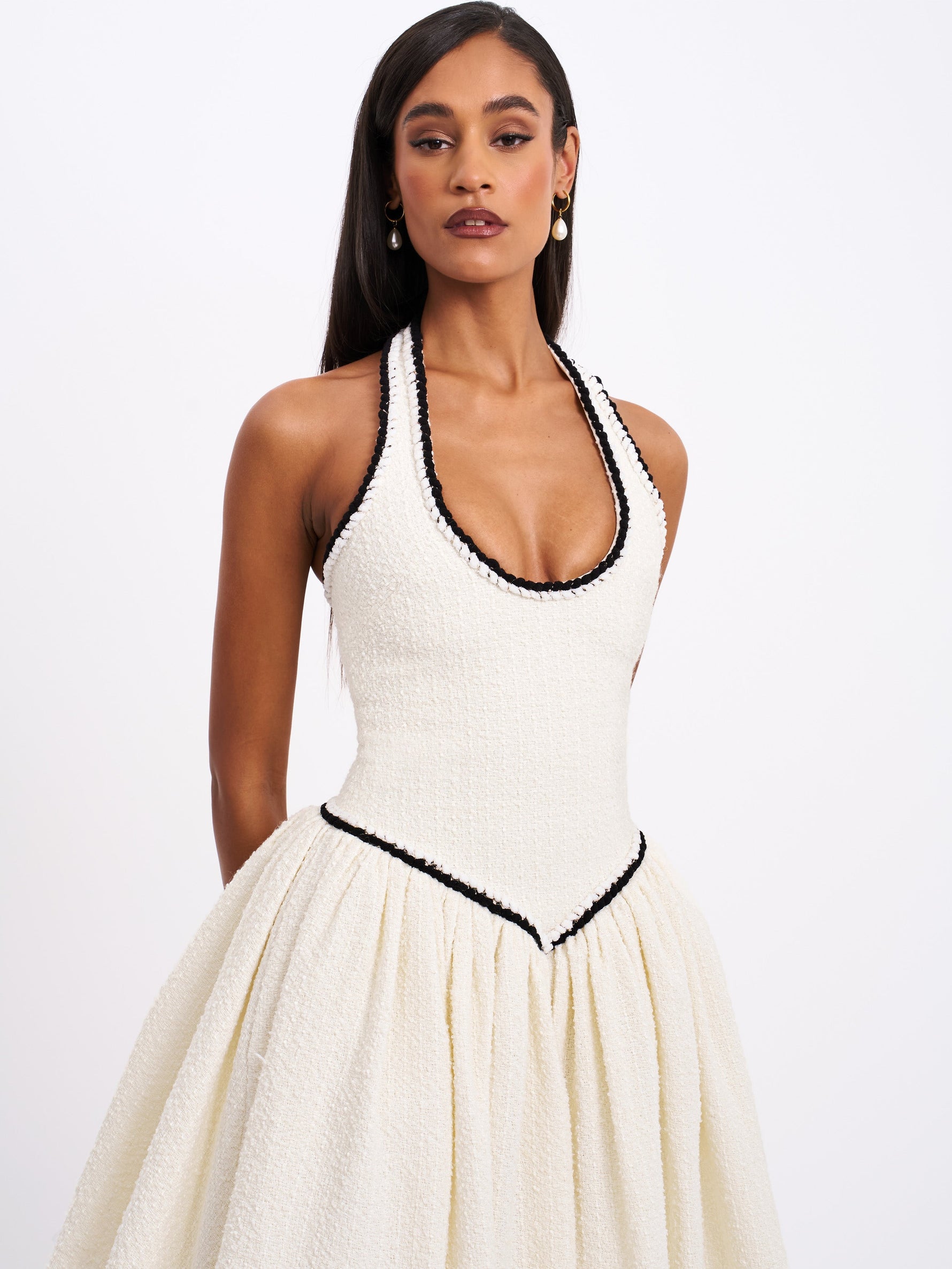 Natalie U Neck Halter Drop Waist Tweed Midi Dress Miss Circle