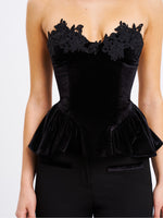 Qiara Black Velvet Peplum Top with Lace Trim Miss Circle