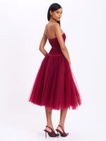 Mabel Burgundy Drop Waist Layered Mesh Midi Puffy Dress with Bow Miss Circle