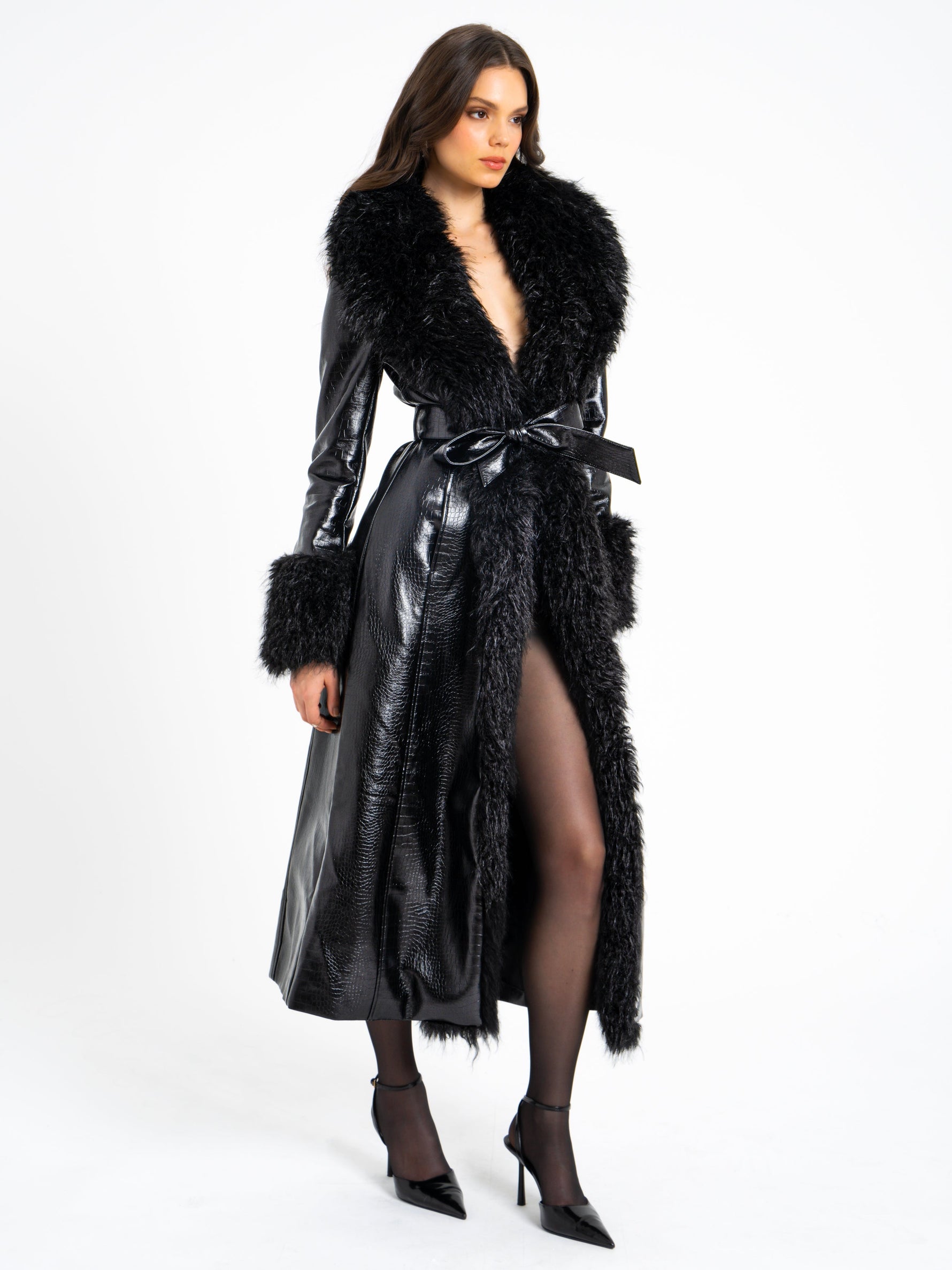 Zella Black Fur Trim Vegan Croc Leather Coat Miss Circle