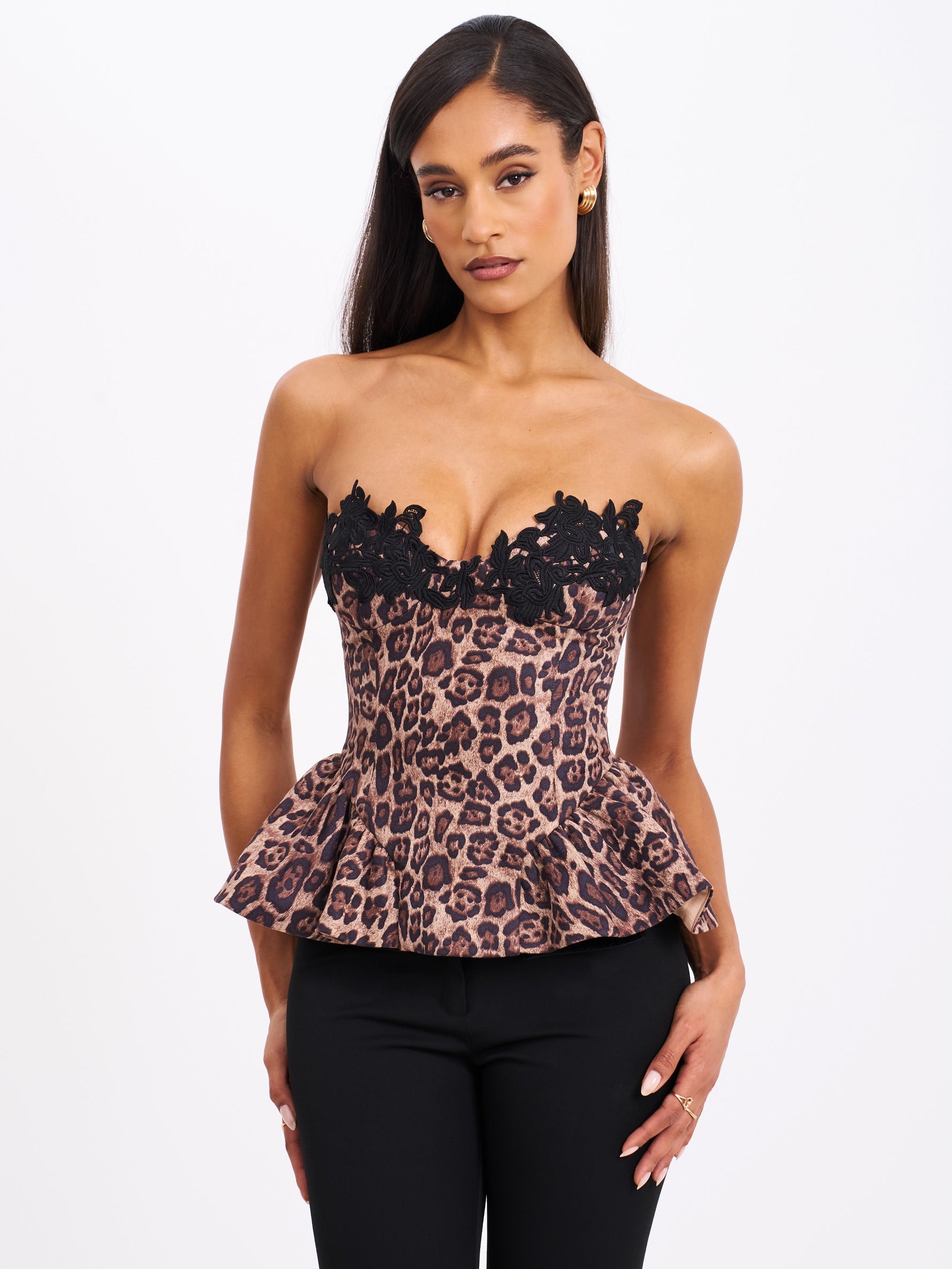 Qiara Cheetah Print Peplum Top with Lace Trim Miss Circle