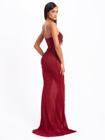 Fatima Burgundy Crystal Sleeveless Corset Mermaid Maxi Dress Miss Circle