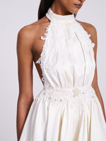 Idalia Pearl White Beaded Lace Trim Backless Halter Mini Dress Miss Circle