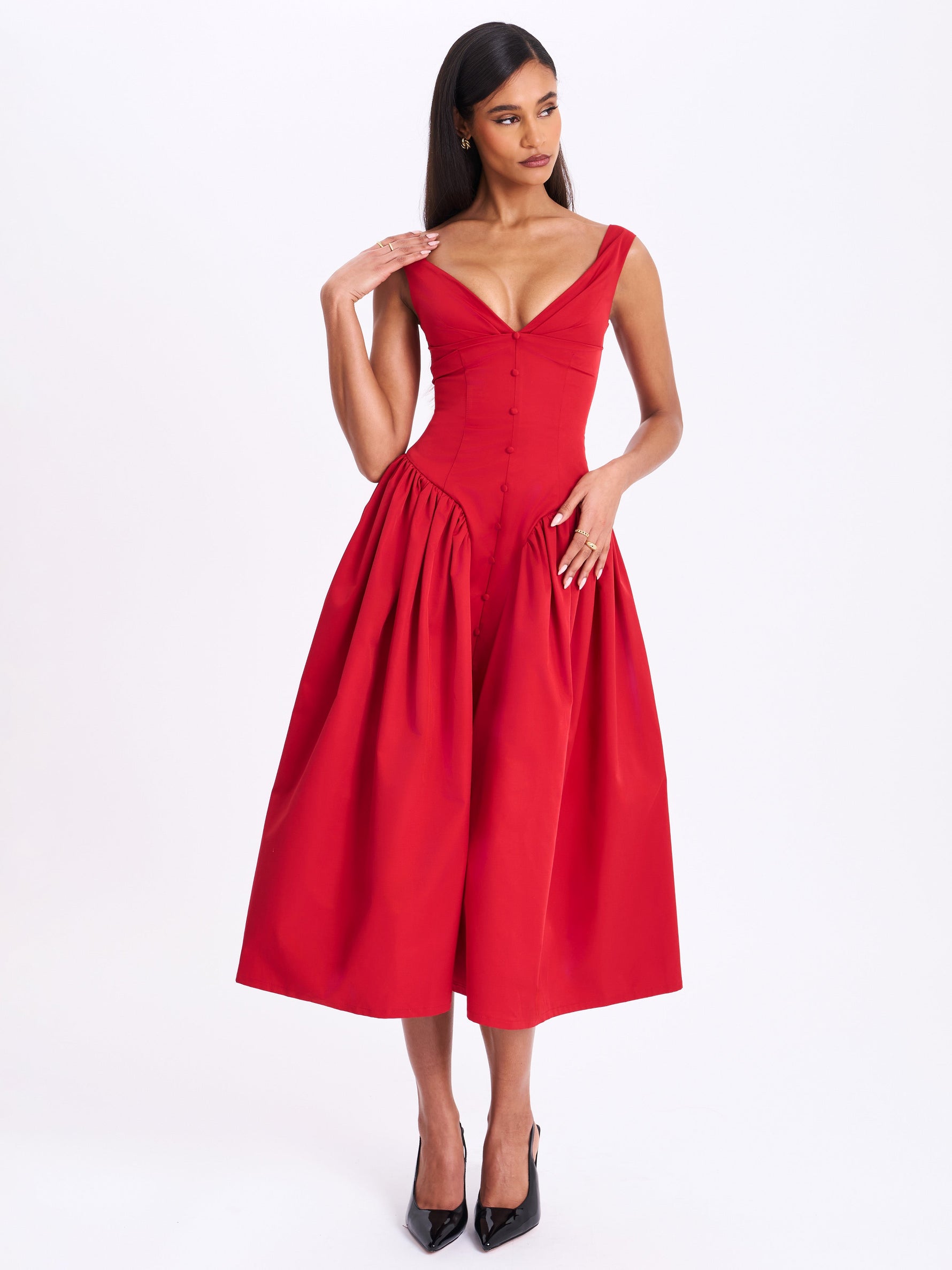 Nahla Red Drop Waist Midi Dress with Buttons Miss Circle