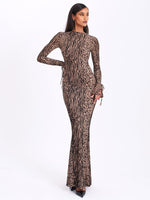 Waylynn Nude Black Animal Print Burnout Velvet Detail Mesh Backless Maxi Dress