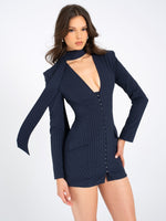 Tahlia Deep V Pinstripes Navy Blue Blazer Dress with scarf collar Miss Circle