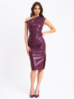 Sabina Purple Leather Slash Neck Midi Dress Miss Circle