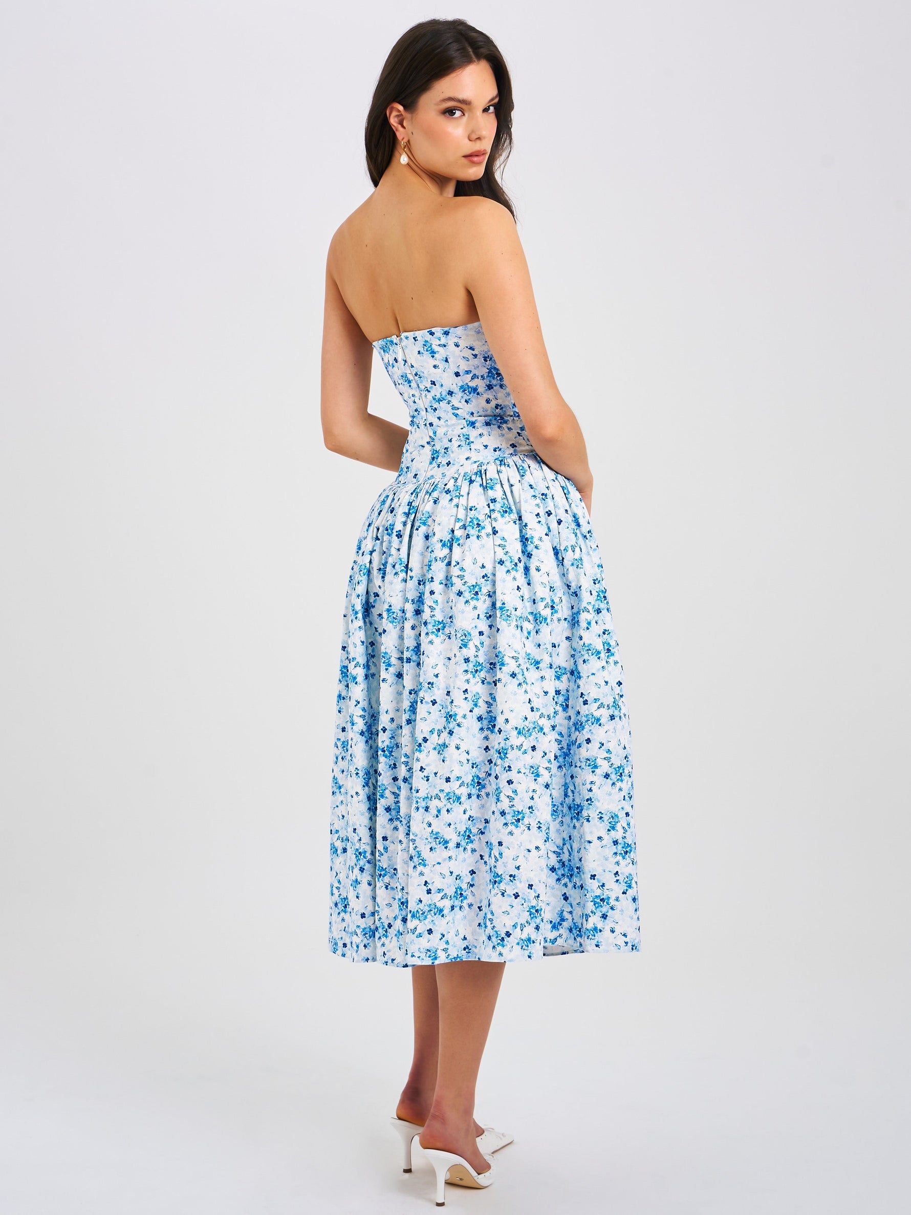 Paloma Blue Print Linen Corset Draping Top Midi Dress Miss Circle