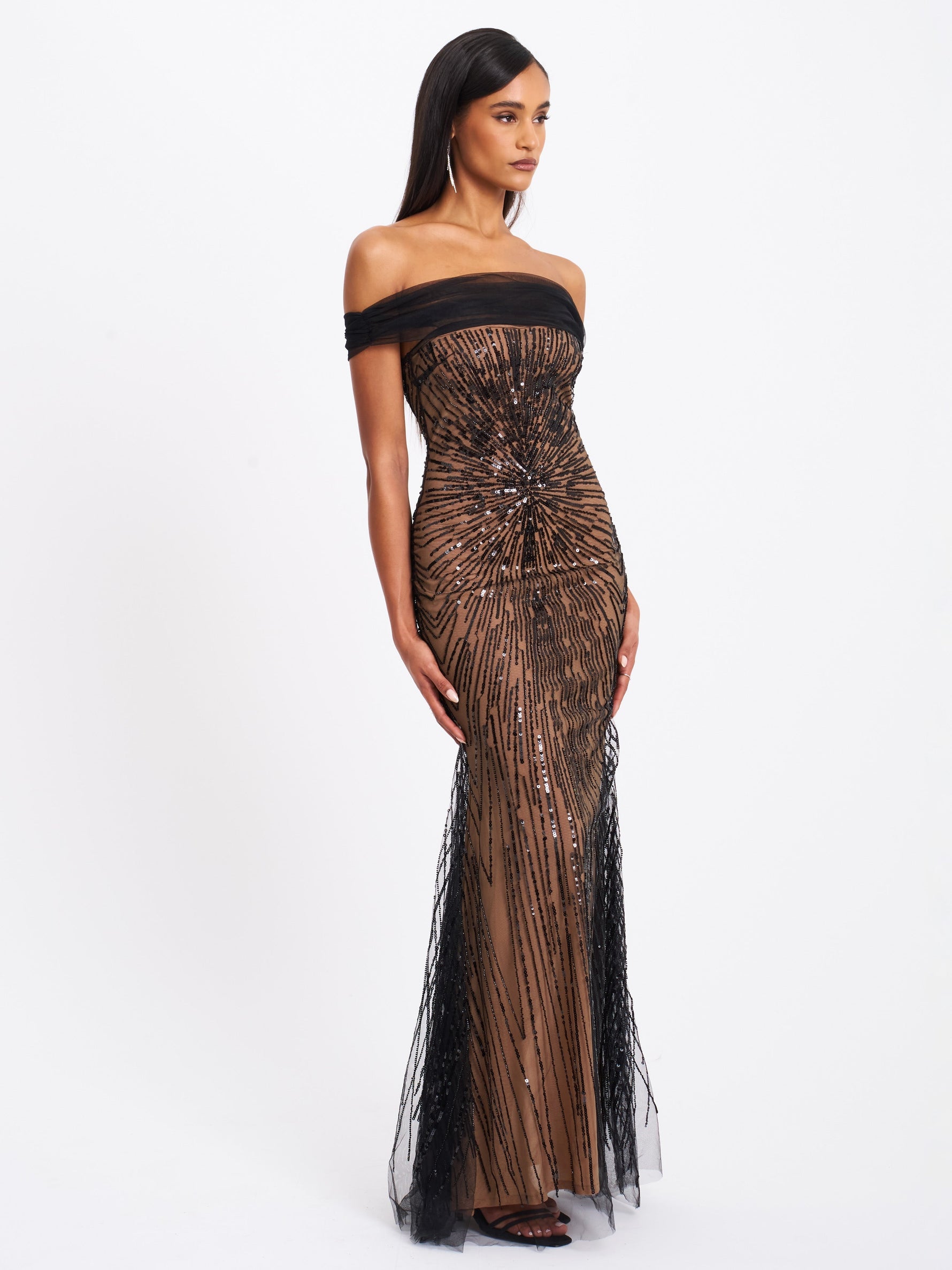 Qeturah Embroidered Sequin Off Shoulder Mesh Gown Miss Circle