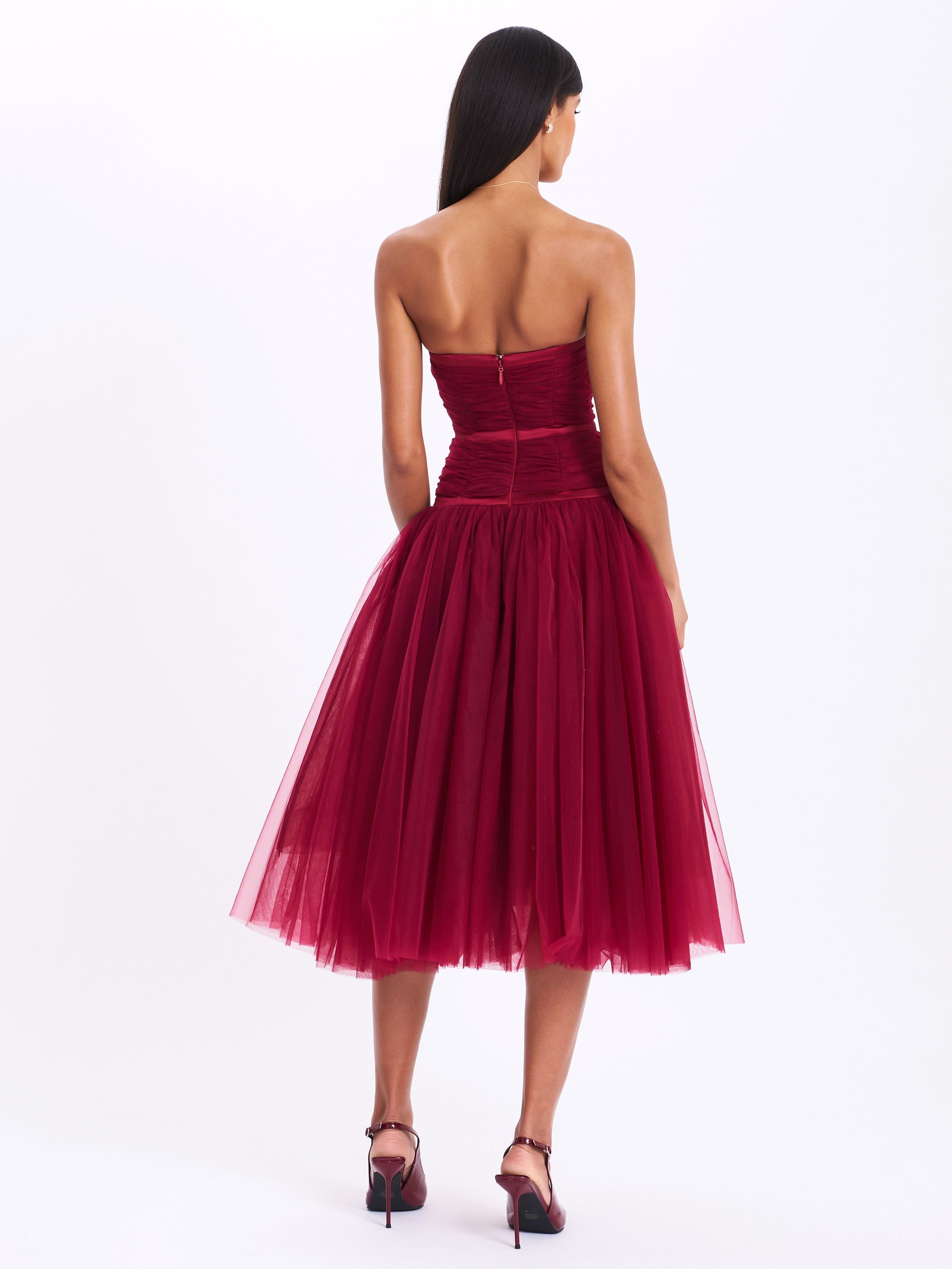 Mabel Burgundy Drop Waist Layered Mesh Midi Puffy Dress with Bow Miss Circle