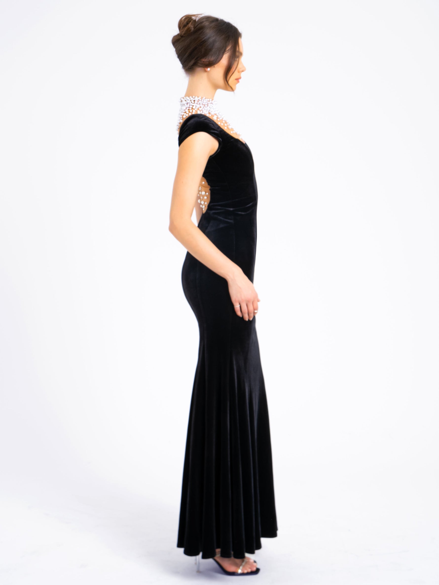 Rachael Black Velvet Pearl Embellished Gown Miss Circle