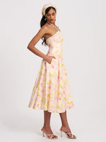 Zaina Yellow Pink Floral Print Lace Trim Linen Midi Dress