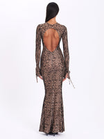 Waylynn Nude Black Animal Print Burnout Velvet Detail Mesh Backless Maxi Dress