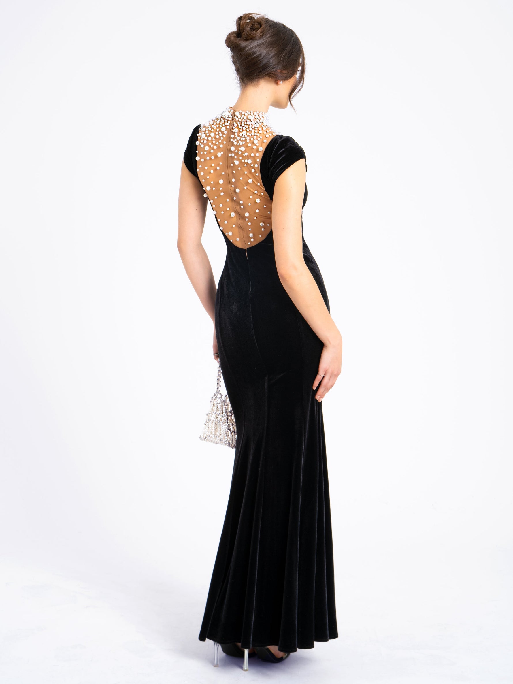 Rachael Black Velvet Pearl Embellished Gown Miss Circle