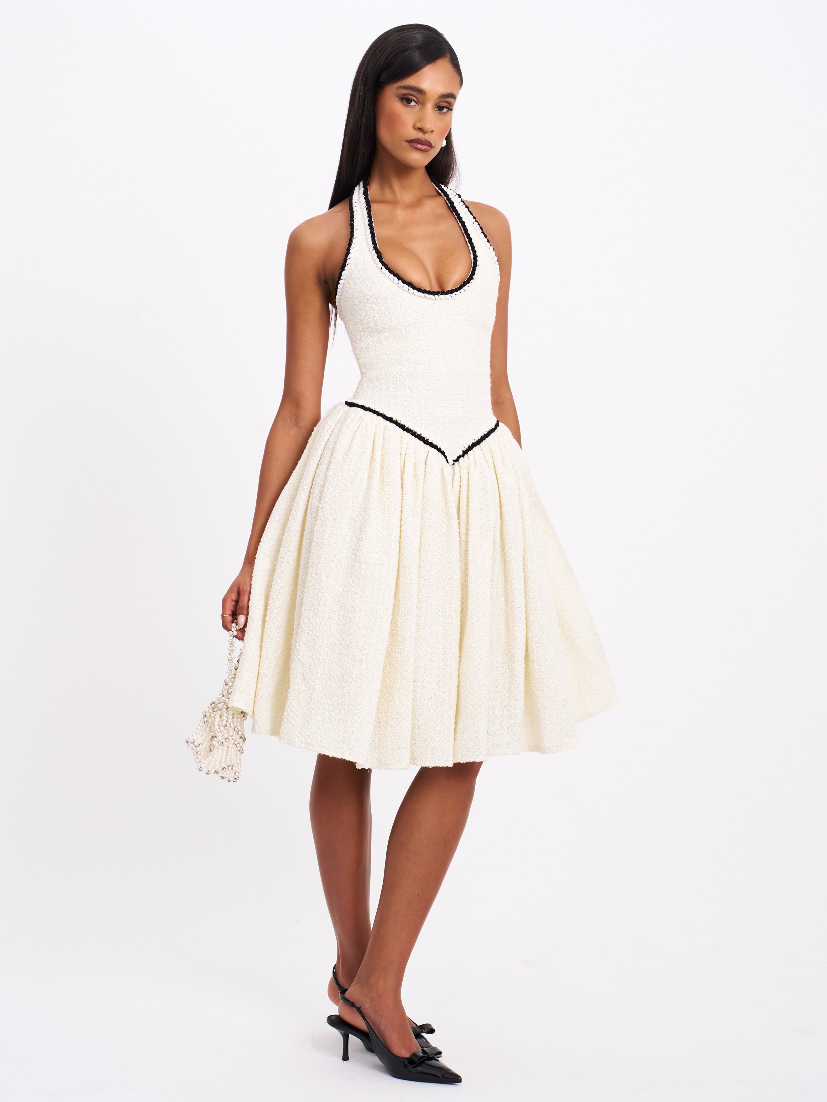 Natalie U Neck Halter Drop Waist Tweed Midi Dress Miss Circle