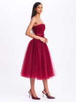 Mabel Burgundy Drop Waist Layered Mesh Midi Puffy Dress with Bow Miss Circle