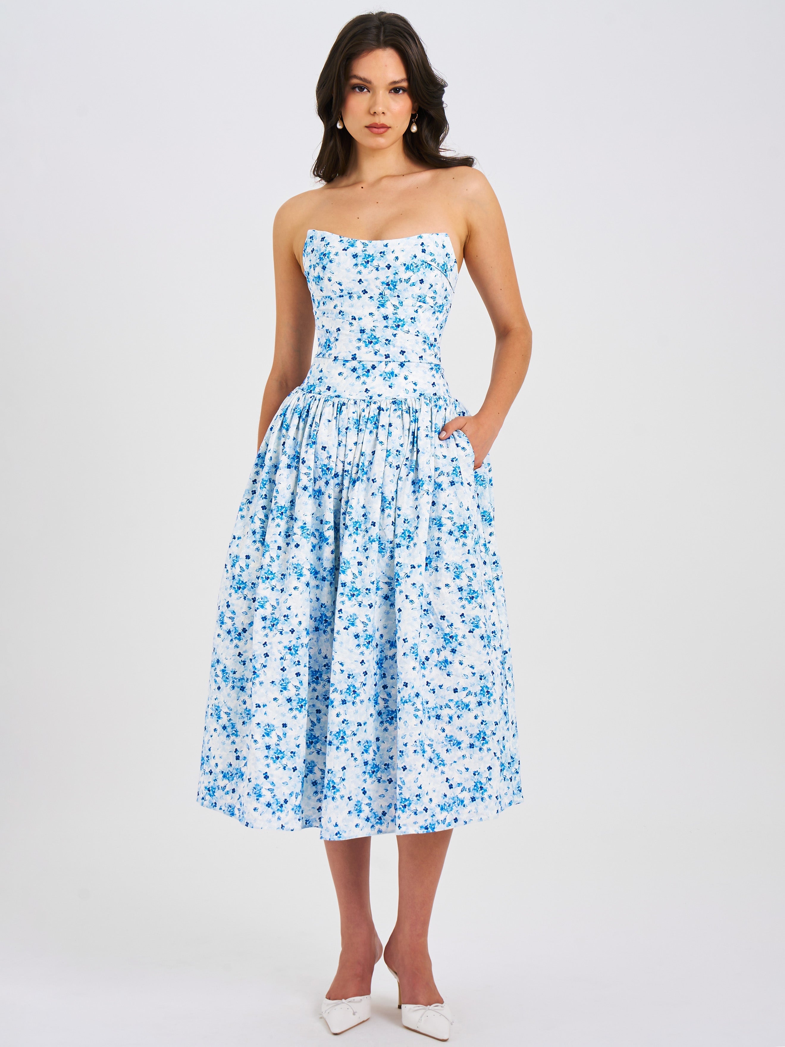 Paloma Blue Print Linen Corset Draping Top Midi Dress Miss Circle