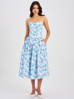 Paloma Blue Print Linen Corset Draping Top Midi Dress Miss Circle