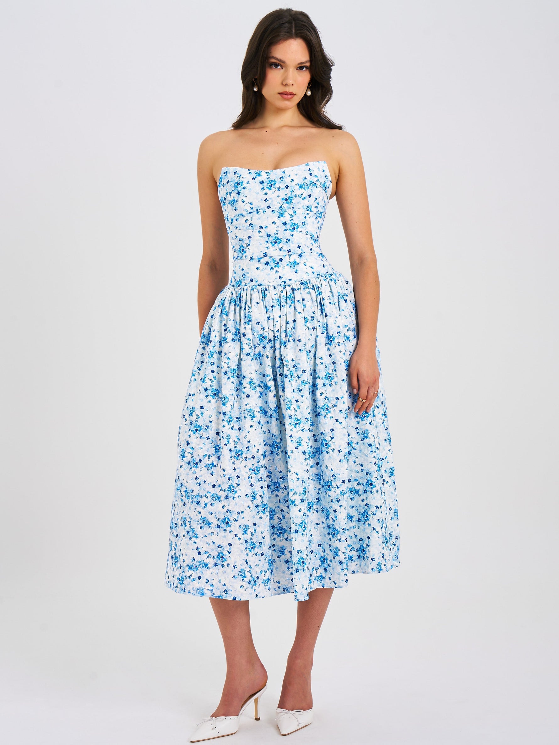 Paloma Blue Print Linen Corset Draping Top Midi Dress Miss Circle