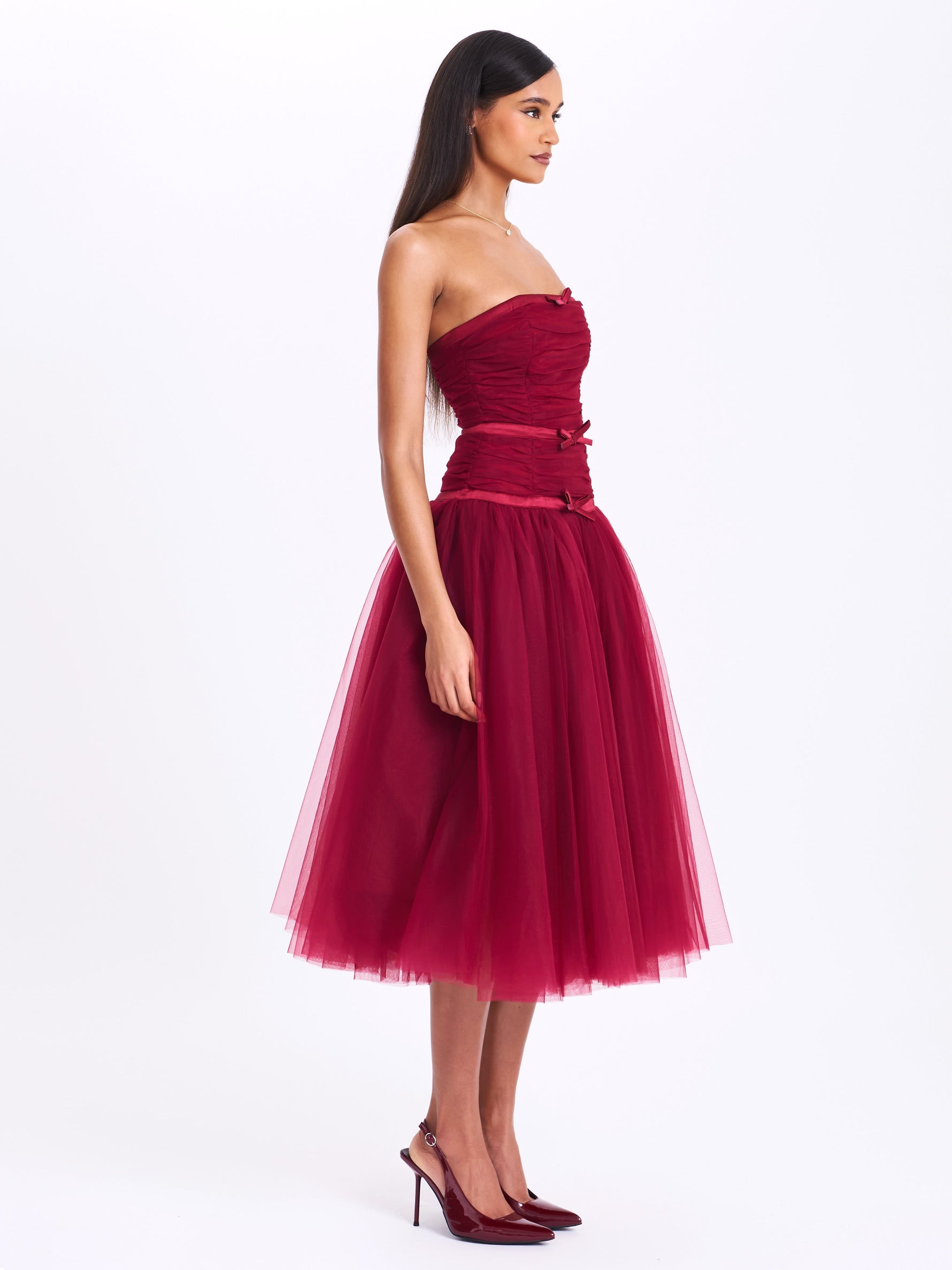 Mabel Burgundy Drop Waist Layered Mesh Midi Puffy Dress with Bow Miss Circle