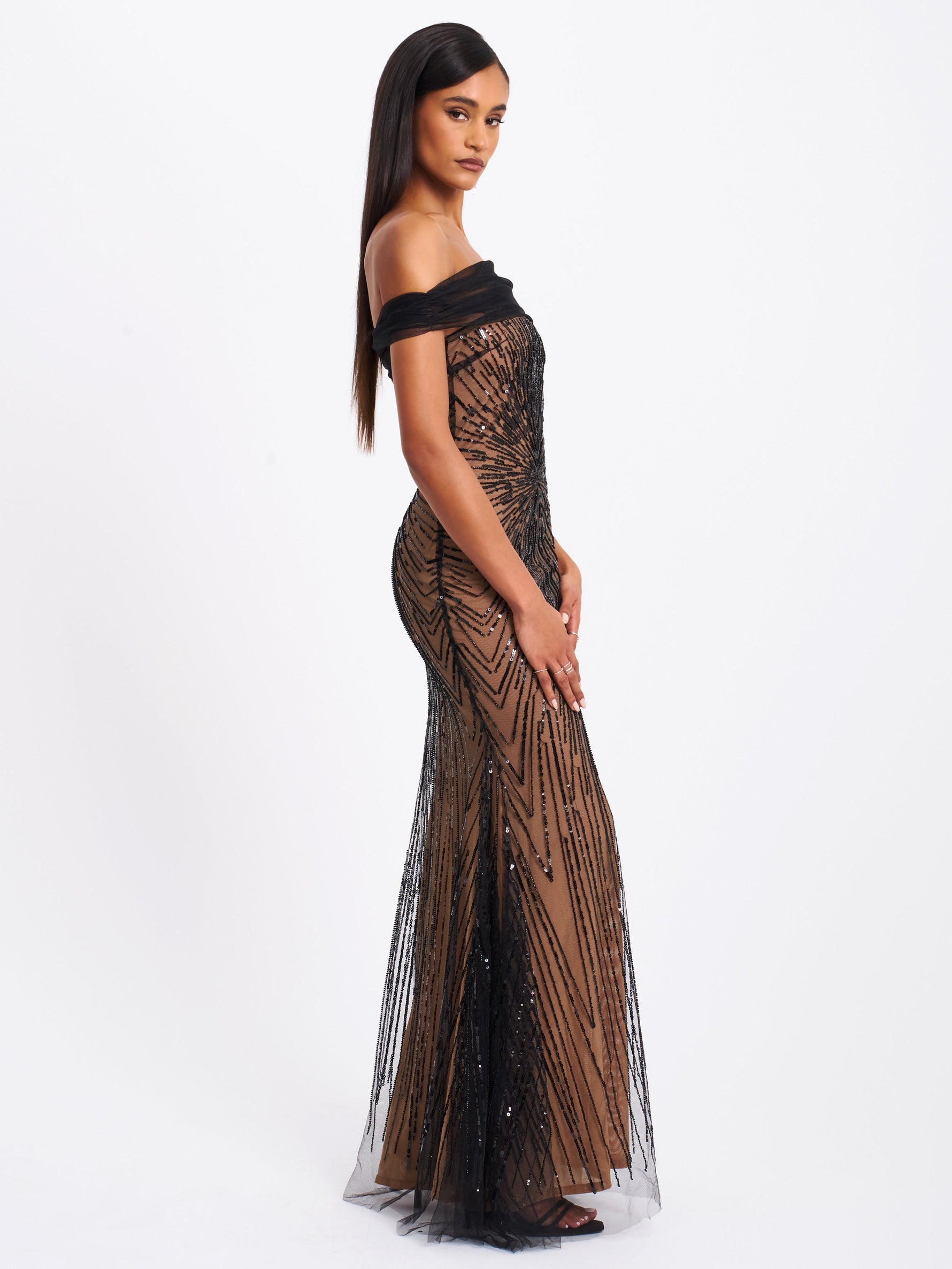 Qeturah Embroidered Sequin Off Shoulder Mesh Gown Miss Circle