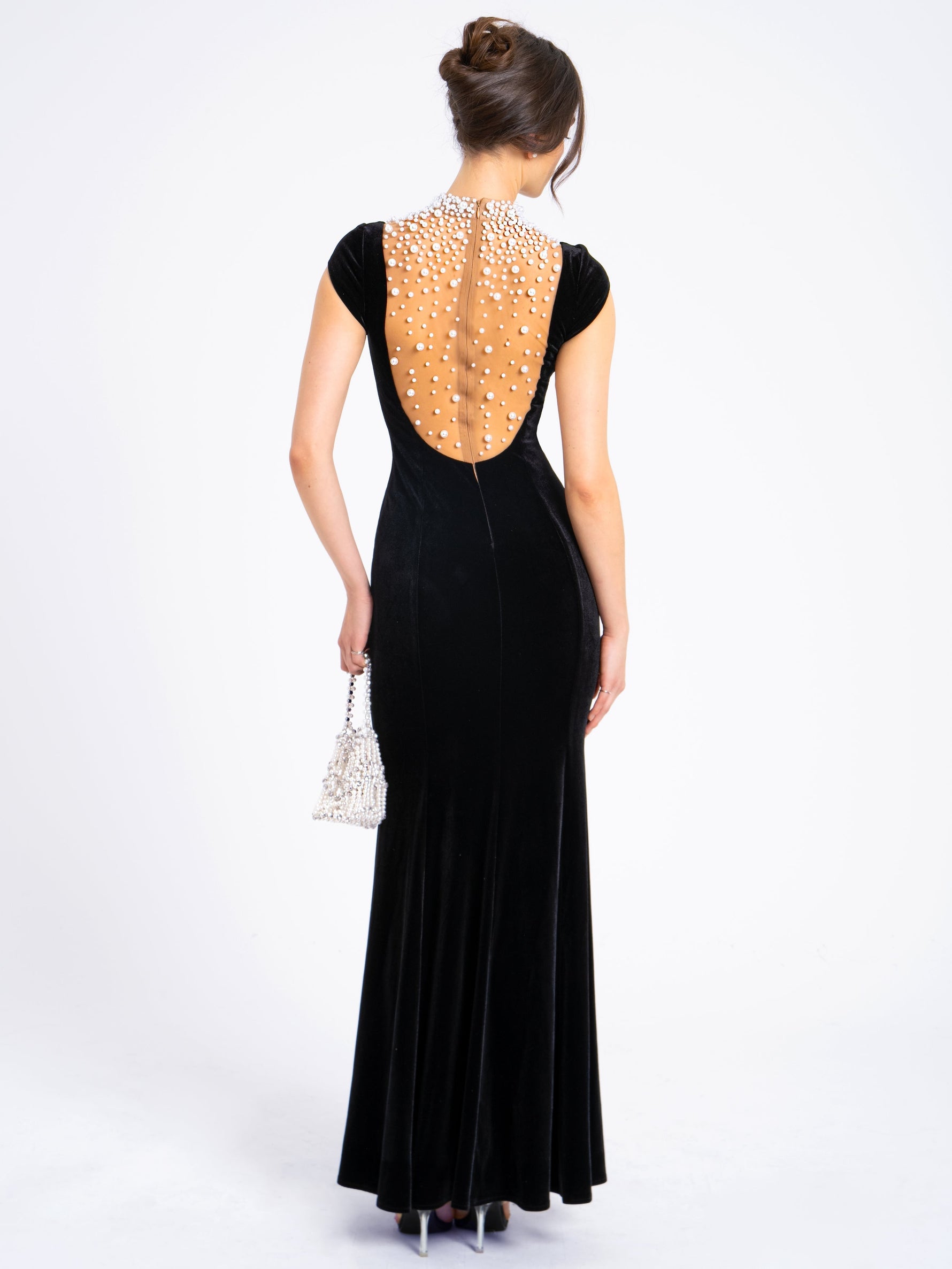 Rachael Black Velvet Pearl Embellished Gown Miss Circle