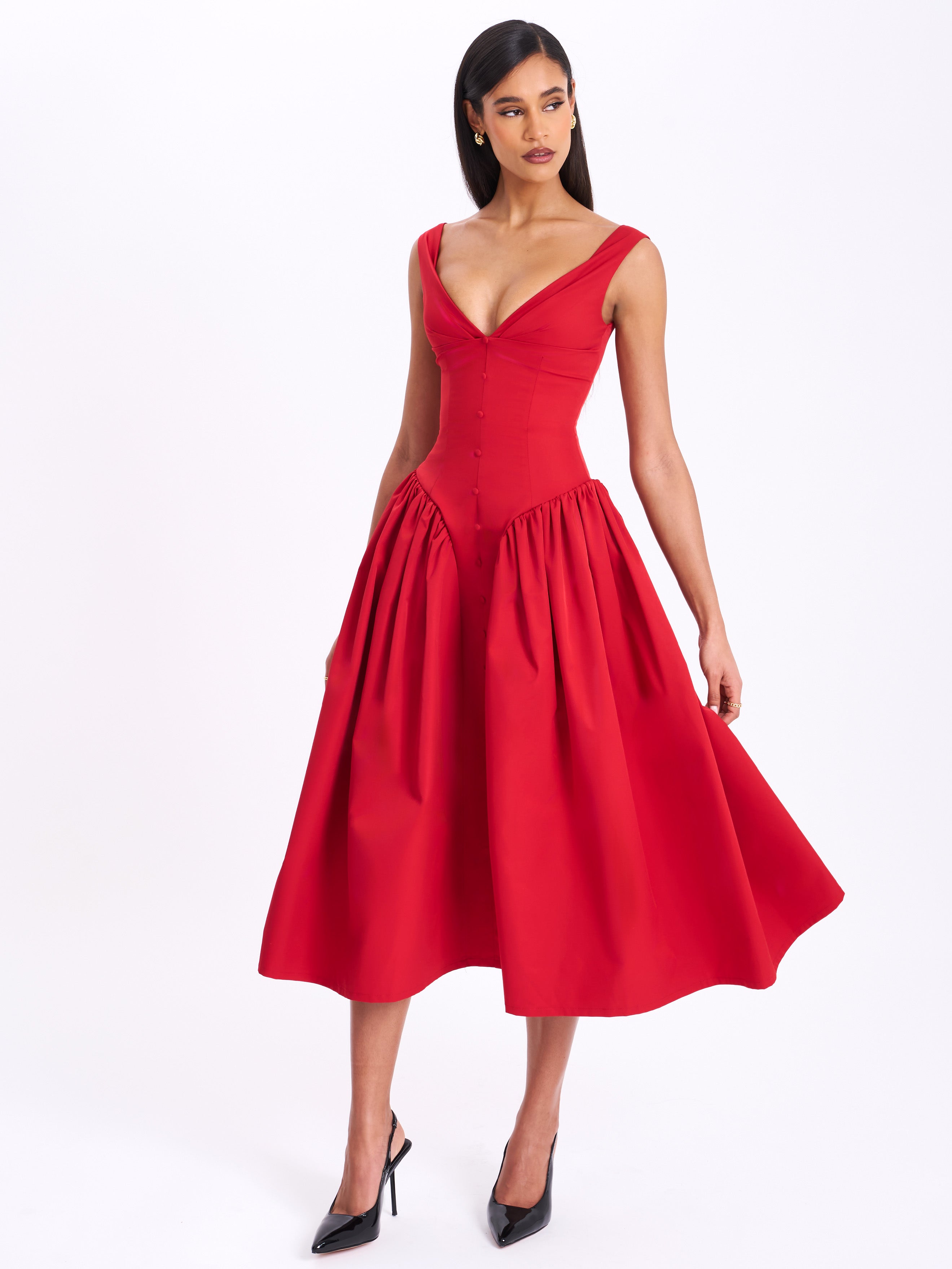Nahla Red Drop Waist Midi Dress with Buttons Miss Circle