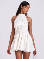 Idalia Pearl White Beaded Lace Trim Backless Halter Mini Dress Miss Circle