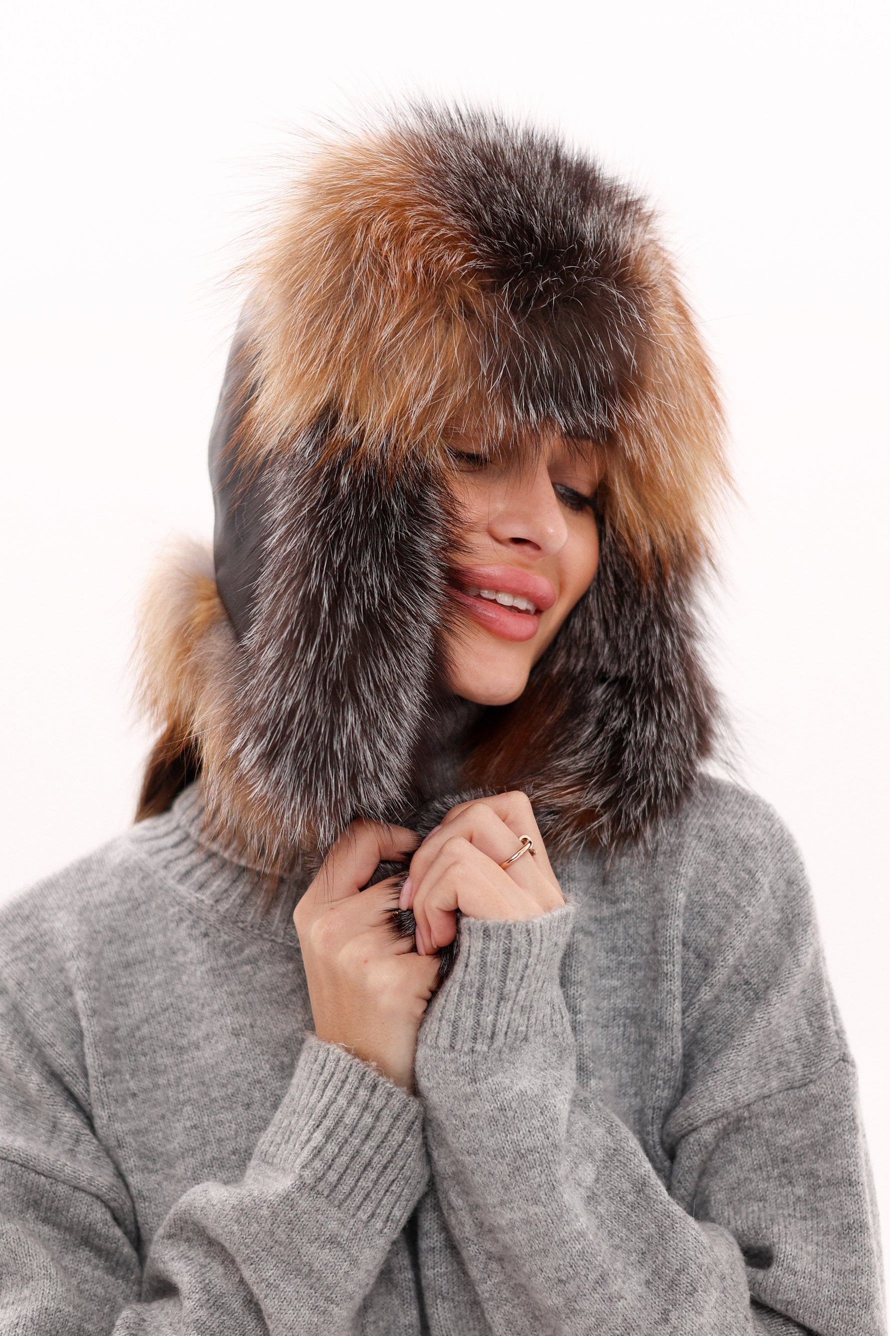 Genuine Silver Fox Fur Genuine Leather Hat