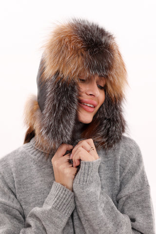 Genuine Silver Fox Fur Genuine Leather Hat