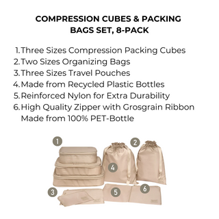 Compression Cubes & Packing Bags Set, 8-pack, Taupe