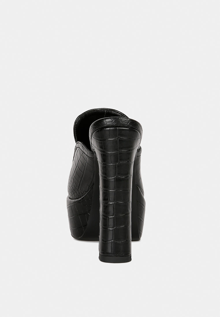 Bauhaus Croc Pattern Heeled Platform Mules