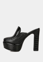 Bauhaus Croc Pattern Heeled Platform Mules
