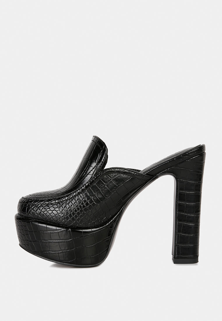 Bauhaus Croc Pattern Heeled Platform Mules