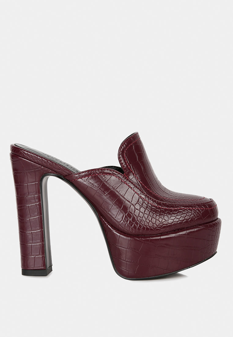 Bauhaus Croc Pattern Heeled Platform Mules