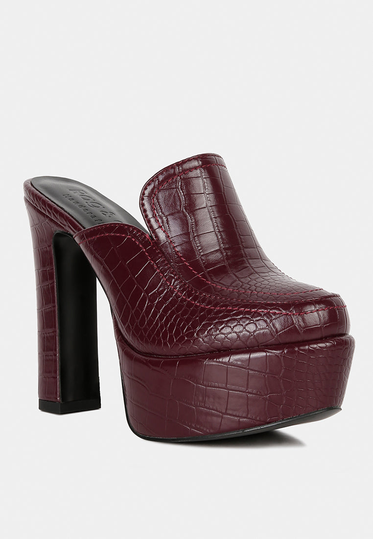 Bauhaus Croc Pattern Heeled Platform Mules