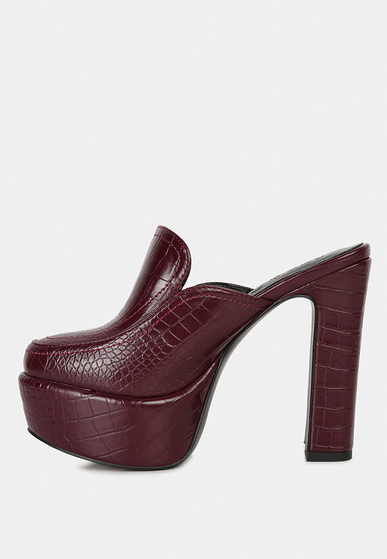 Bauhaus Croc Pattern Heeled Platform Mules