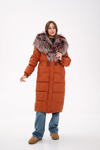 Genuine Silver Fox Fully Lined Hood Down Filled Coat - By Baano