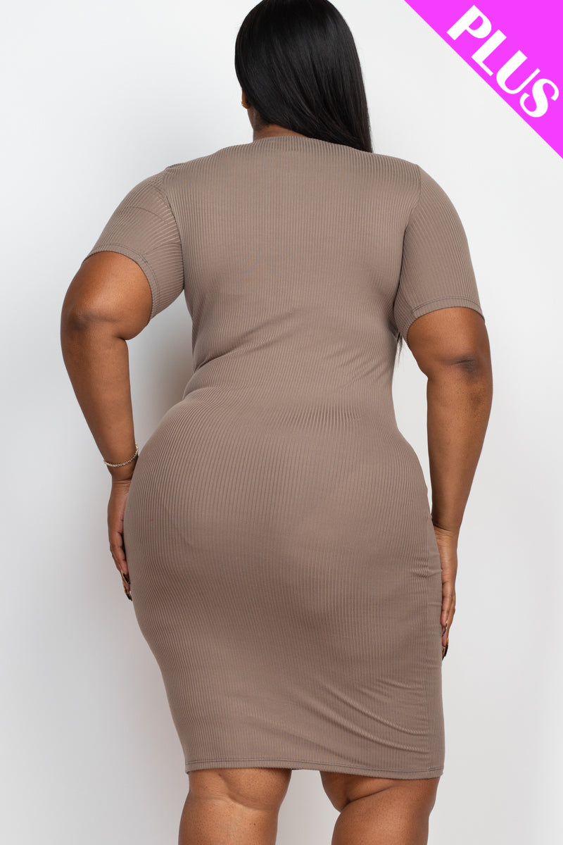 Plus Size Ribbed Short Sleeve Bodycon Midi Dress (CAPELLA)