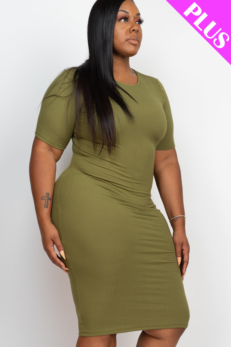 Plus Size Ribbed Short Sleeve Bodycon Midi Dress (CAPELLA)