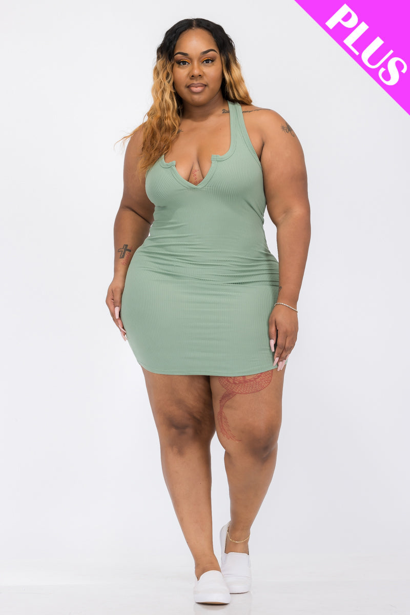 Plus Size Ribbed Split Neck Tank Mini Dress (CAPELLA)