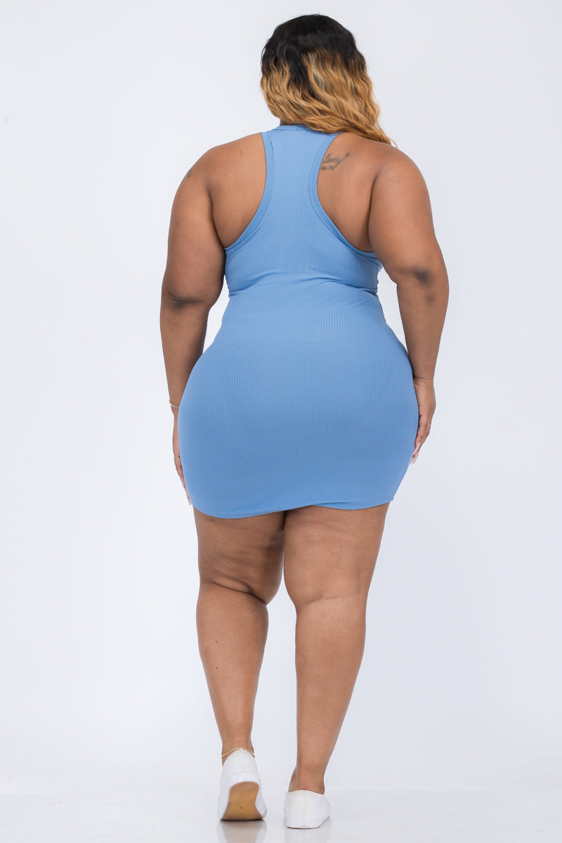 Plus Size Ribbed Split Neck Tank Mini Dress (CAPELLA)
