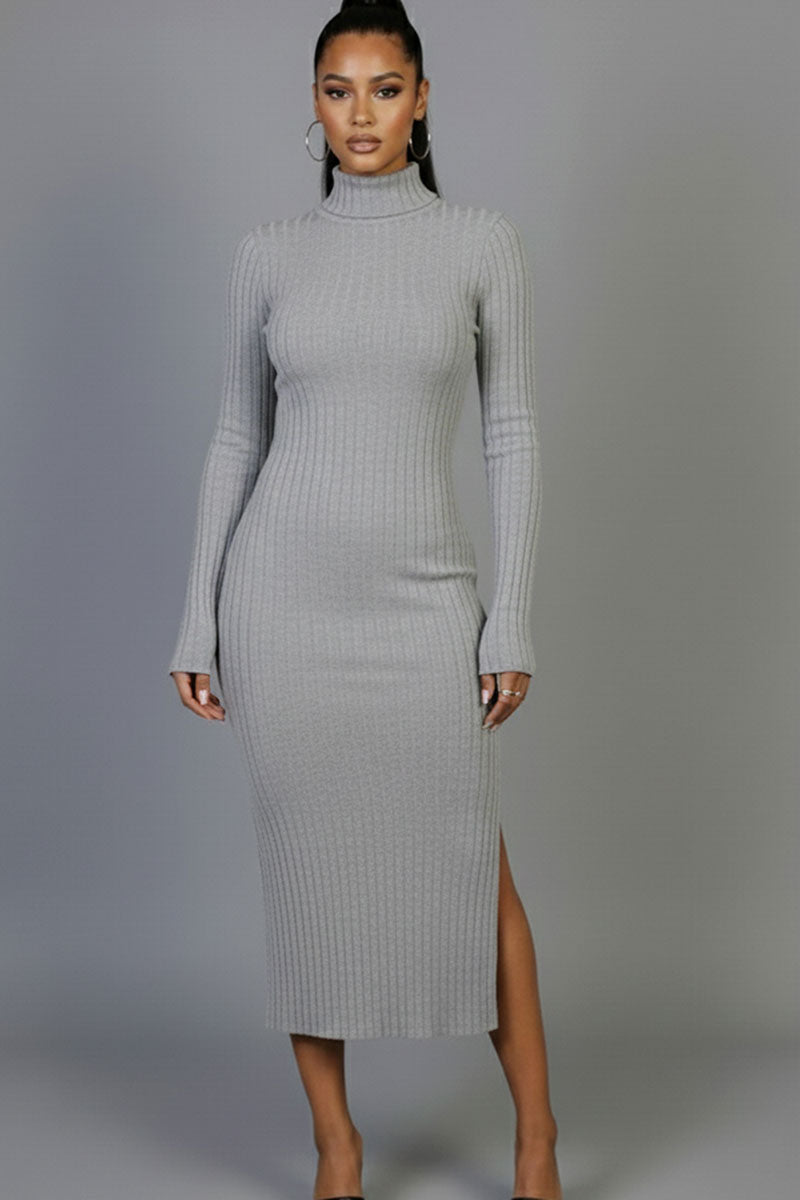 Sweater-Knit Fuzzy Turtle Neck Split Thigh Dress (CAPELLA)