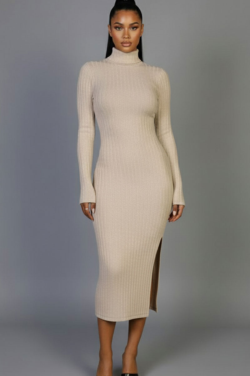 Sweater-Knit Fuzzy Turtle Neck Split Thigh Dress (CAPELLA)