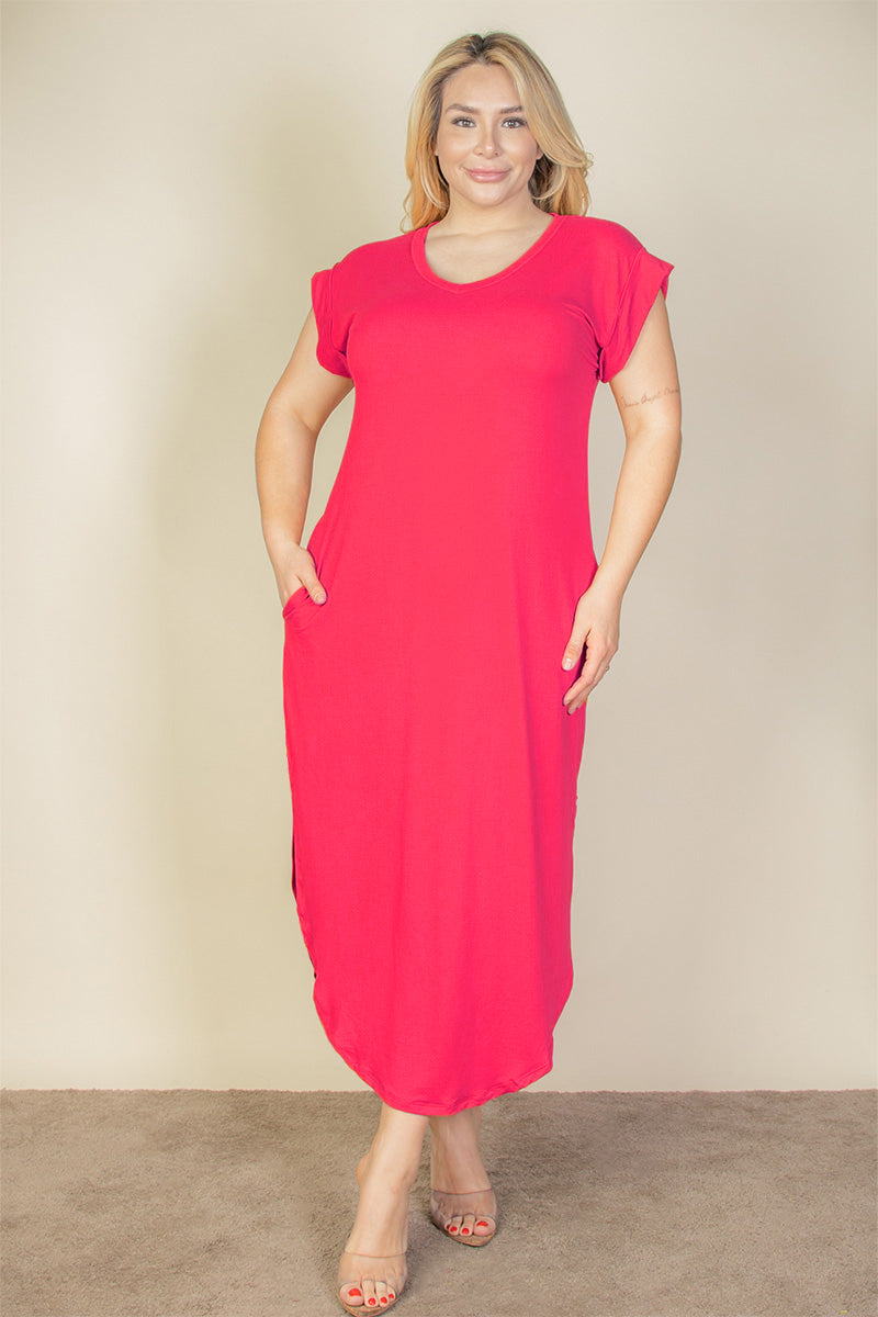 Plus Size Hidden Pocket Batwing Sleeve V Neck Long Dress (CAPELLA)